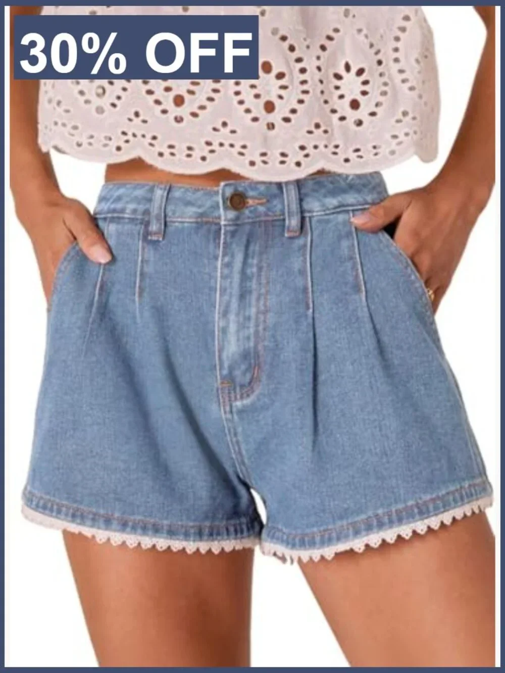 Scalloped Lace Trim High Waist Denim Shorts Pleated Wide Leg Summer